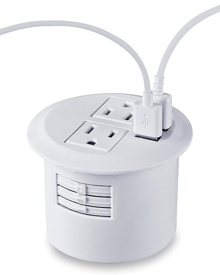 Desktop Power Grommet Power Outlet Socket Desk Data Center 2 Outlet with 2 USB Ports with 10 FT Extension Cord(White)