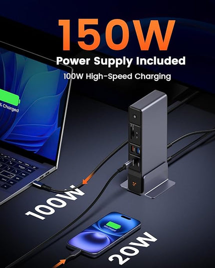 TobenONE USB C Docking Station 3 Monitors, 18-in-1 Triple 4K Display, 150W Power Adapter with 20W Fast Charging, 8 USB Ports up to 10Gbps, 2 HDMI/DP/USB C, for Windows/Chrome OS