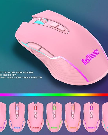 RedThunder K10 Wireless Gaming Keyboard and Mouse Combo, LED Backlit Rechargeable 3800mAh Battery, Mechanical Feel Anti-ghosting Keyboard + 7D 3200DPI Mice for PC Gamer (Pink)