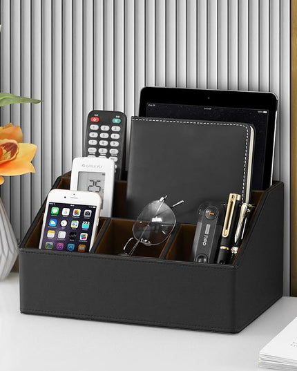MEIBOOCH PU Leather Desk Organizer, Luxury Remote Control Holder for Home, Office Desk Accessories Table Caddy Bedside Nightstand Organizer (Black)
