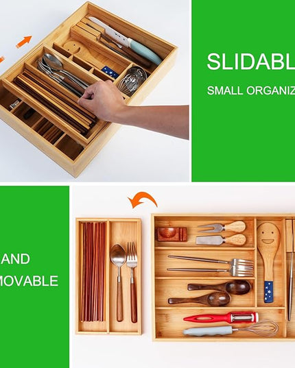 Double Layer Bamboo Kitchen Drawer Organizer Cutlery Utensil Silverware Drawer Organizer, Silverware Tray for Drawer Removable Utensil Holder Flatware Organizer Multi-use Storage Box (L)