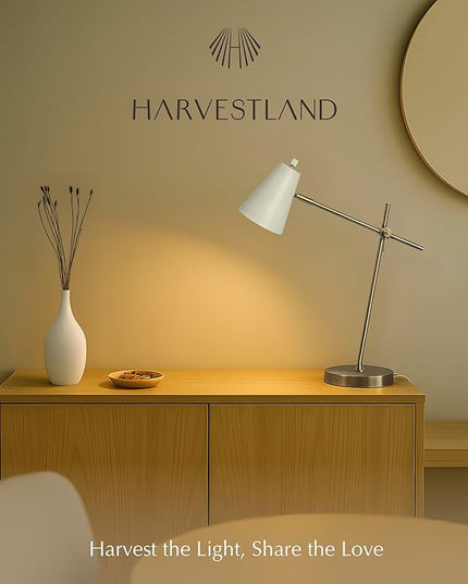 HarvestLand HaloBar Brass Desk Lamp Home Office – White Industrial Table Lamp with Solid Base for Office, Reading Lamps for Bedside Table, Study and Reading Task Lamp, Gifts for Adults