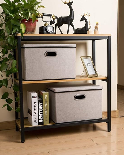 PRANDOM Large Foldable Storage Bins with Lids [3-Pack] linenFabric Decorative Storage Boxes Organizer Containers Baskets Cube with Handles Divider for Bedroom Closet Office Light Grey(17.7x11.8x11.8)