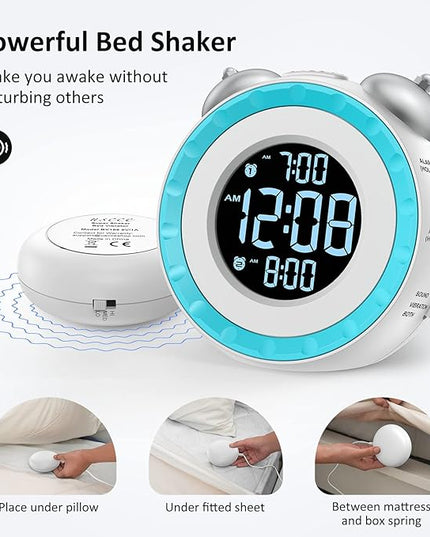 uscce Loud Dual Alarm Clock with Bed Shaker - 0-100% Dimmer, Vibrating Alarm Clock for Heavy Sleepers or Hearing Impaired, Easy to Set, USB Charging Port, Snooze, Battery Backup (White)