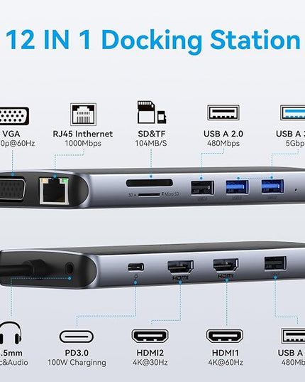 USB C Docking Station Dual Monitor, Dual HDMI Adapter 12 in 1 Triple Display USB C Hub with VGA, Gigabit Ethernet, 100W PD, 4 USB Ports, SD/TF
