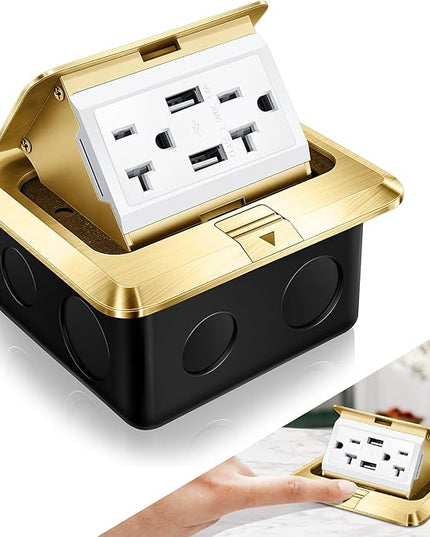 Hoolerry 1 Pack Pop up Floor Electrical Outlet Cover Box Kit with 4.8A USB Charger 20Amp Waterproof Weatherproof Floor Tamper Resistant Outlet Receptacle for Countertop Home (Gold)