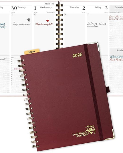 POPRUN 2026 Planner (Large Size 10'' x 8'' Wire-Bound Hard Cover) Daily Weekly and Monthly Calendar - Agenda 2026 (Jan.2026-Dec.2026) with Hourly Schedule, Monthly Tabs - Burgundy