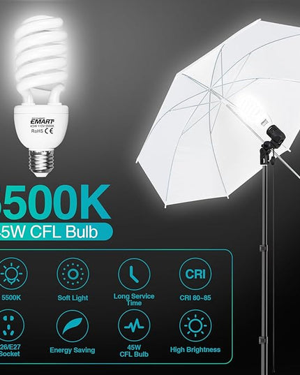 EMART 6.5x10ft Backdrop Support System, Professional Photography Lighting Kit with 45W CFL Blub, Umbrellas, 6x9ft Backdrop(White/Black/Green) for Photography Studio, Portrait, Video Shooting