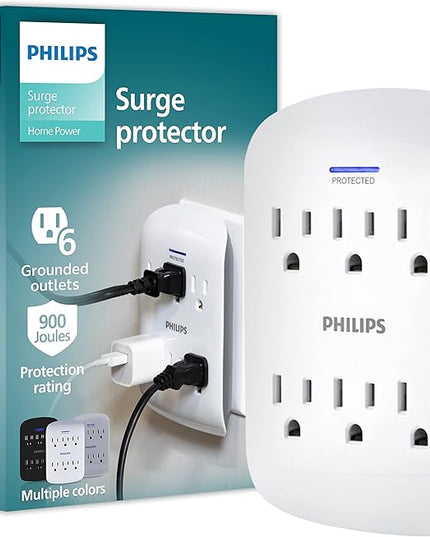 Philips 6-Outlet Extender Surge Protector, Wall Tap, 900 Joules, 3-Prong, Space Saving Design, Protection Indicator LED Light, ETL Listed, White, SPP3461WA/37