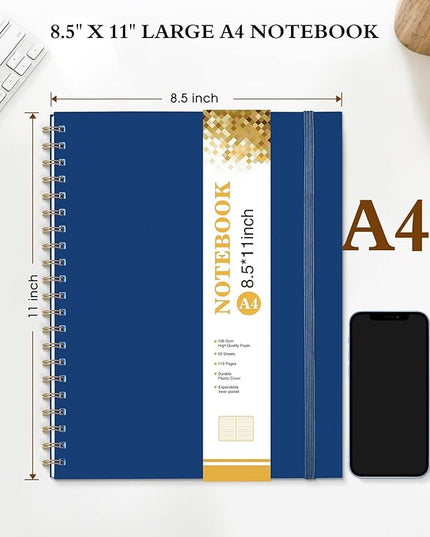 Spiral Notebook Journal 8.5” x 11”, A4 Large Notebooks for Women Men, College Ruled Lined Journal, 100 GSM Paper, Plastic Hardcover Spiral Bound Journals for Work School Note Taking Business, Navy