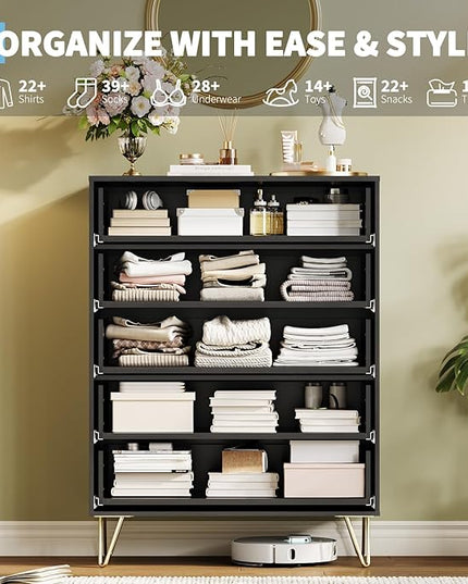 Garvee Fluted Dresser for Bedroom with 5 Drawers,32" Wide Modern Chest of Wooden Bedroom Chest with Metal Handle,Wide Clothes Storage Organizer,Closet Dresser & TV Stand for Living Room,Hallway,Black