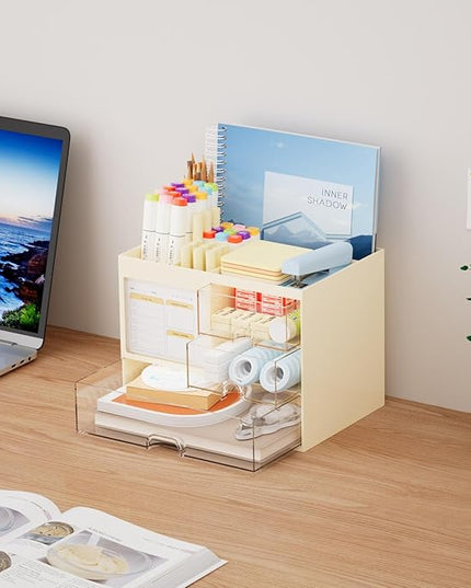 Marbrasse Desk Organizer with 3 Drawer, Multi-Functional Pencil Pen Holder for Desk, Desktop Organizer Storage for Office Home Art Supplies (Beige)
