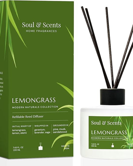 Soul & Scents Reed Diffuser Set – Lemongrass | 7.43 oz Refillable Scented Oil with 6 Fiber Sticks | Long-Lasting Home Fragrance & Air Freshener for Bedroom, Bathroom, Office | Gift & Décor Piece