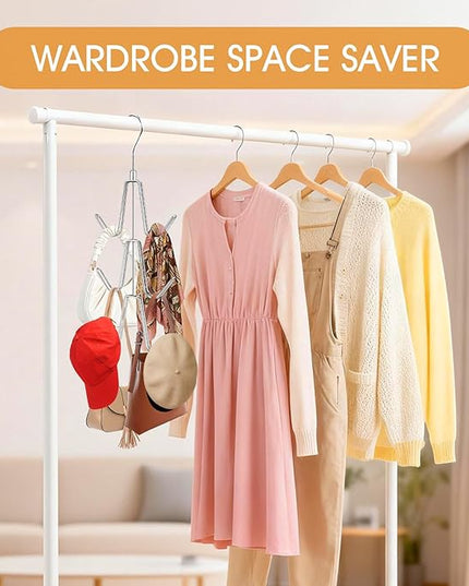 Purse Hanger Organizer for Closet, Space Saving Metal Hook Rack for Handbags, Belts, Ties, Scarves, Keep Items Visible & in Shape, 360° Swivel Storage Hanger, Silver