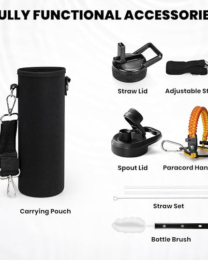 Insulated Water Bottle 24oz, Triple Wall Vacuum Stainless Steel (Cold for 48 Hrs, Hot for 24Hrs), Leak Proof & Non-BPA, 24oz Hydro Water Flask with Paracord Handle & Straw Spout Lids
