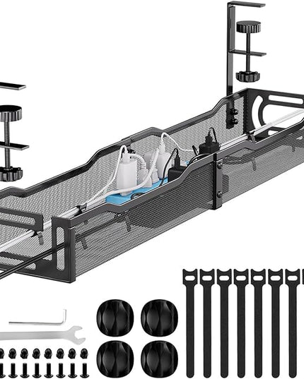 Cable Management, 25'' Cable Management Under Desk No Drill, Metal Cord Organizer with Clamp for Standing Desk, Cable Organizer for Home Office, Black