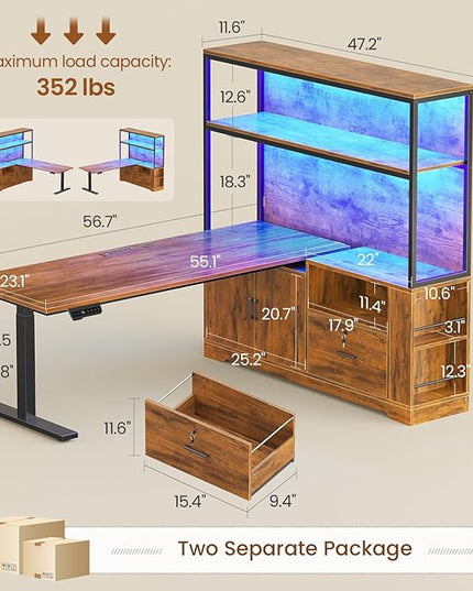 SEDETA 56.7" L Shaped Standing Desk, Reversible Computer Office Desk with Drawers & Hutch, Stand Up Corner Gaming Desks with LED Lights & Power Outlets for Home Office, Rustic Brown