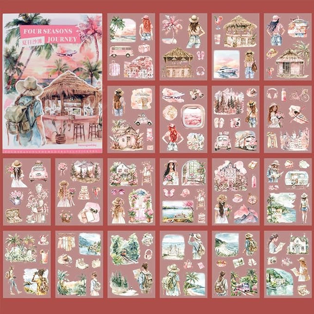 Dwpetzo Summer Beach Pre-Cut Journal Sticker Book for Junk Journaling, Transparent PET Landscape Stickers for Scrapbook Supplies, Scrapbooking, Collage, Planners, Bujo, 20 Sheets