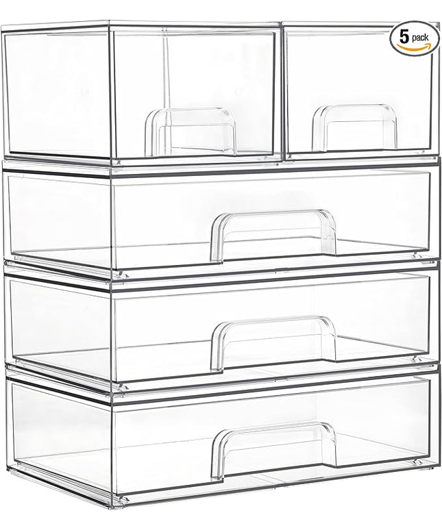 Vtopmart Clear Stackable Storage Drawers Set of 5, Plastic Organizer Bins for Makeup, Cosmetics, Beauty Supplies,Ideal for Vanity, Bathroom,Cabinet,Pantry Organization