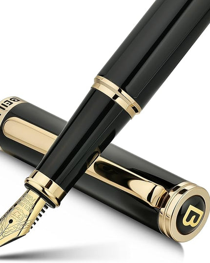 BEILUNER Black Fountain Pen,Stunning Luxury Pens with 24K Gold Accents, Gorgeous 24K Gilded Nib(Extra Fine), Fancy Pen Gift for Men&Women -Ink Converter-Elegant, Reliable,Christmas Presents, Nice Pen