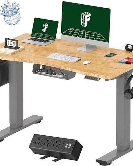 FLEXISPOT EN2 Whole-Piece Bamboo Standing Desk with Clamp Power Strip, 48 x 24 Electric Stand Up Height Adjustable Desk with Cable Management (Grey Frame + 48" Bamboo Top, 2 Packages)