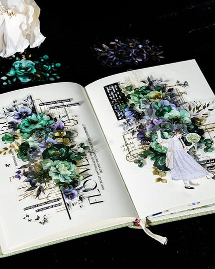 AuriicLeaf Blooming in The Dark Night PET Stickers, 120 Pcs Gothic Dark Floral Stickers for Scrapbooking, Journaling, Collage Supplies, and DIY Crafts