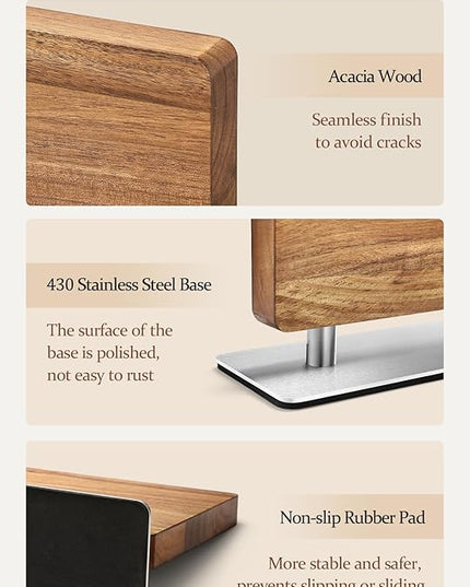 Strong Double Sided Magnetic Knife Block Without Knives, with Acacia Wood+430 Stainless Steel Base，Magnetic Universal Stands with Strong Enhanced Magnets Strip Kitchen Storage Cutlery Large Organizer