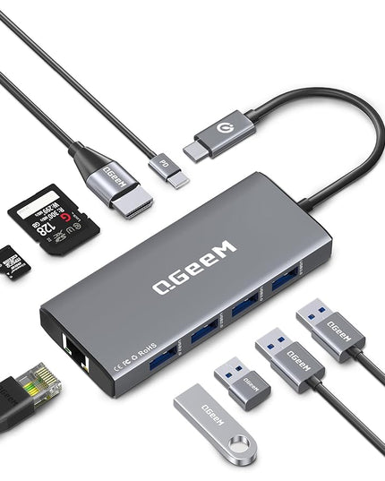 QGeeM USB C Hub Ethernet,9 in 1 USB Type C Hub HDMI Multi-Port Converter Adapter,100W Pd, USB 3.0,SD/TF Card Reader,Compatible for MacBook Pro Air Ipad HP Dell Lenovo Chromebook etc.-Gray