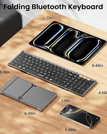 ProtoArc Foldable Bluetooth Keyboard, XK01 Folding Wireless Portable Keyboard with Numeric Keypad, Full-Size Travel Keyboards for iPad Tablet Smartphone Laptop PC Windows iOS Android, Space Gray