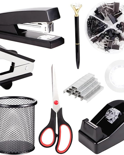 Black Desk Accessories, Office Supplies Set with Stapler, Tape Dispenser, Staple Remover, Pen Holder, Scissor, Binder/Paper Clips, Ballpoint Pen, Clear Tape and 1000pcs Staples