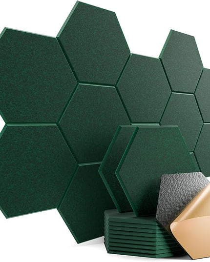 12 Pack Self-Adhesive Acoustic Panels 12" X 10" X 0.4" - Sound Proof Foam Panels with High Density, Stylish Hexagonal Design, Flame Resistant, Absorb Noise and Eliminate Echoes(Ink Green)