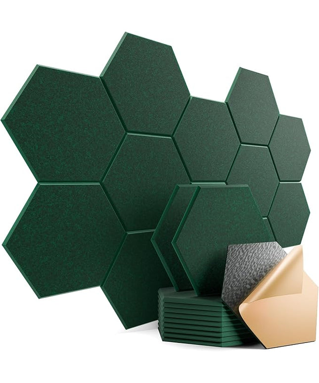 12 Pack Self-Adhesive Acoustic Panels 12" X 10" X 0.4" - Sound Proof Foam Panels with High Density, Stylish Hexagonal Design, Flame Resistant, Absorb Noise and Eliminate Echoes(Ink Green)