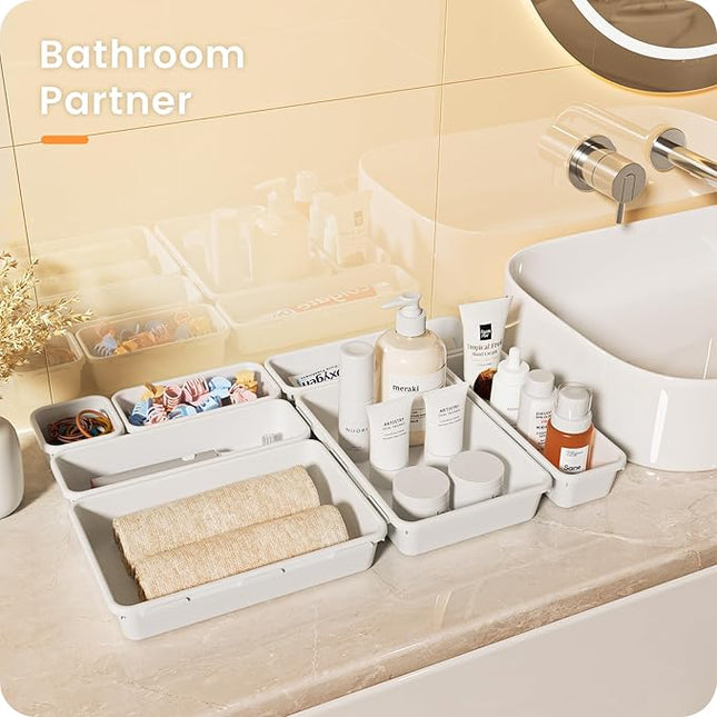 A-LuGei 【𝟮𝟴𝗣𝗖𝗦】 【𝟱𝗦𝗶𝘇𝗲】 White Drawer Organizer, Makeup organizer, 【Holds 177 Items】 Bathroom Organizers and Storage, Plastic Desk Organizer Divider, Organizer Bins for Office Vanity