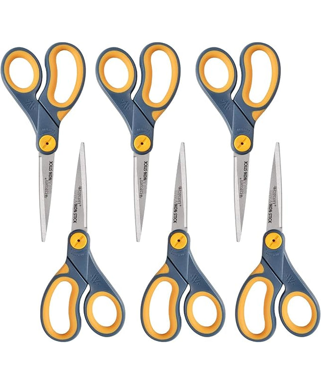 Westcott ‎17597 8-Inch Non-Stick Titanium Scissors For Office and Home, Blue/Gray, 6 Pack