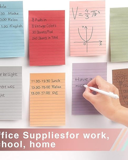 4x6 Inch Lined Sticky Notes, 8 Pack, Vintage Colors, Premium Self-Adhesive Notepads, Large Sticky Pads for Office, School & Home Use, Easy to Use, Reusable & Removable