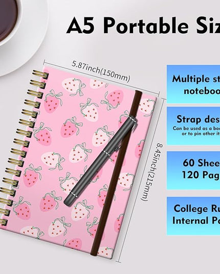 Spiral Journal Notebook, A5 Cute Notebooks for Women Men, College Ruled Hardcover Notebook for Work & Note Taking, 60 Pages Double-Wire Journals for Writing, Pink Cute Strawberry