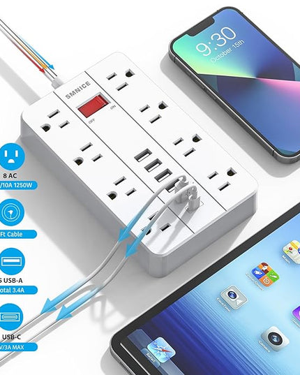 Power Strip Surge Protector, SMNICE Flat Plug Long Extension Cord 10 Ft with 8 Widely Spaced Outlets 6USB(1 USB C) Charging Station, Wall Mount for Dorm Home, Office Accessories,White