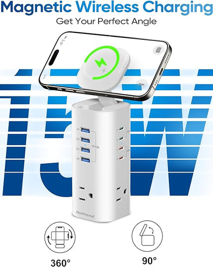 Power Strip Tower Surge Protector, TenTrend Flat Plug Extension Cord with 3AC Outlets & 8 USB Ports(4 USB-C), 115W Fast Charging Station for Home, Office Supplies, Dorm Room