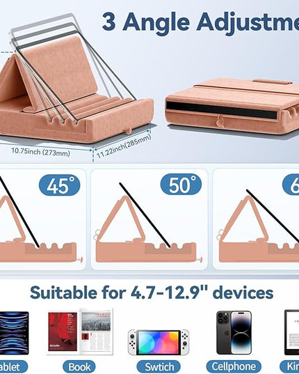 KDD Tablet Pillow Holder, Foldable iPad Stand for Lap, Bed and Desk -Tablet Soft Pad Dock with Pocket & Stylus Mount Compatible with iPad Pro 12.9, 10.5, 9.7 Air Mini 6 5 4 3, E-Reader