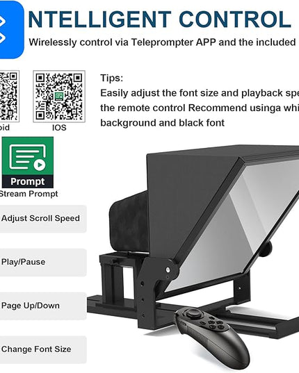 20-Inch HD Wide-Angle Teleprompter, Manually Adjustable Height, Compatible with Multiple Devices, Includes Remote Control & Free Teleprompter App