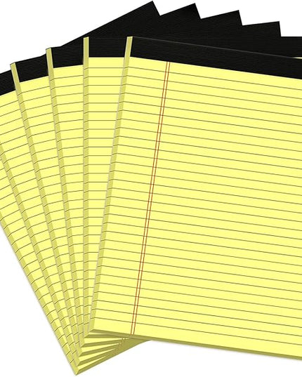 Legal Pads 8.5 x 11 Yellow Writing Pads Wide Ruled Note Pads 8.5 x 11 Lined Double-Sided Notepad for Home, School, Office Use, 80gsm Perforated Paper, Sturdy Cardboard Backing, 6 Pack (30 Sheets/Pad)