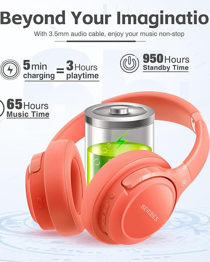 BERIBES Bluetooth Headphones Over Ear, 65H Playtime and 6 EQ Music Modes Wireless Headphones with Microphone, HiFi Stereo Foldable Lightweight Headsets, Deep Bass for Home Office Cellphone PC Ect.