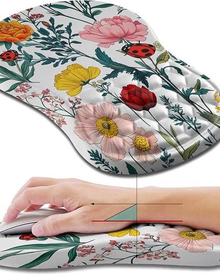 Hokafenle Ergonomic Mouse Pad Wrist Support, Wrist Rest Mousepad for Carpal Tunnel Pain Relief with Integrated Memory Foam Slope Massage Bulge (11.8x7.9 inch,Flowers and Ladybugs