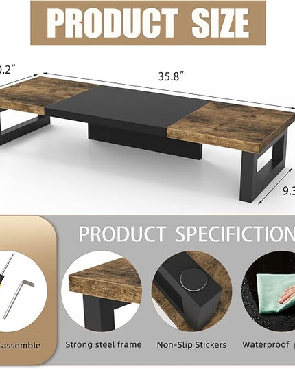 WESTREE Dual Monitor Stand Riser, Wood and Steel Multi-Purpose Desktop Storage Stand for 2 Monitors for Computer, Laptop, Printer, TV, Rustic Brown