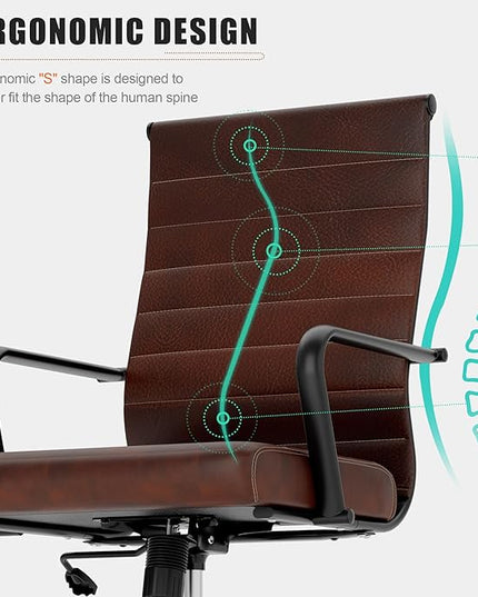 Okeysen Genuine Leather Office Desk Chair, Mid-Century Modern Real Leather Conference Room Chairs, Ergonomic Executive Ribbed Height Adjustable Swivel Rolling Chair for Home Office.