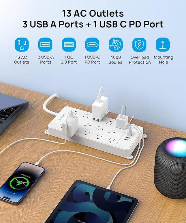 TROND Surge Protector Power Strip with USB C, Flat Plug Extension Cord 5 ft, 13 Wide Spaced Outlets, 4000 Joules, 32W Quick Charge 3.0 &, Wall Mount, Under Desk, Heavy Duty ETL Listed, White