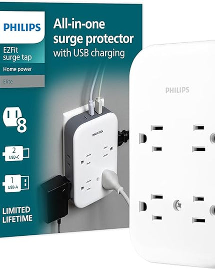 Philips All-in-One Surge Tap with USB, 4 Grounded & 4 Polarized Outlets, 2 USB-C & 1 USB-A Ports, 15W Shared, 1140 Joules, ETL Certified, White/Gray, SPP3155GW/37