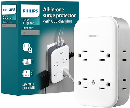 Philips All-in-One Surge Tap with USB, 4 Grounded & 4 Polarized Outlets, 2 USB-C & 1 USB-A Ports, 15W Shared, 1140 Joules, ETL Certified, White/Gray, SPP3155GW/37