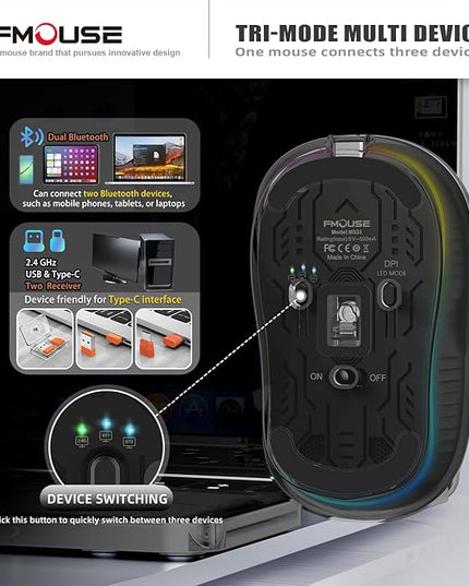 Novel Transparent Wireless Mouse, Tri-Mode (Dual Bluetooth+2.4GHz), USB-C Receiver Ideal for MacBook/Laptops/PC, Rechargeable, Portable, Silent, Clear Mice for Business Trips & Office - Black