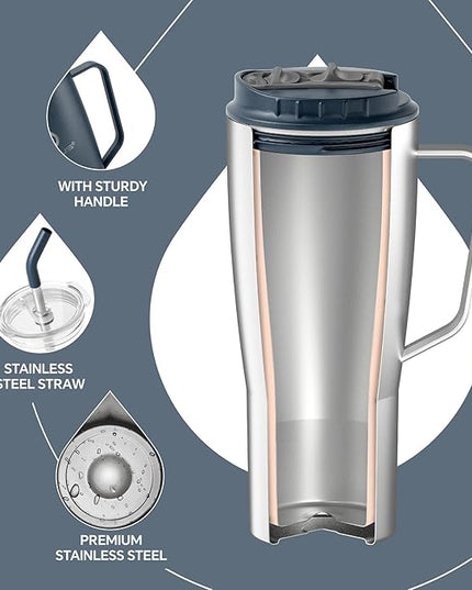 Ideus 32 oz Tumbler with Handle and Straw, Vacuum Insulated Stainless Steel Travel Mug, 100% Leakproof, Cup Holder Friendly, Navy Blue